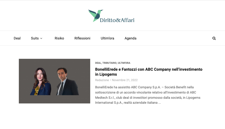 Lo Studio Fantozzi & Associati con ABC Company nell’investimento in Lipogems – Diritto&Affari