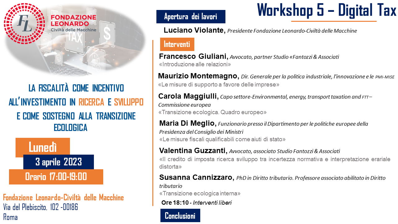 Lunedì 3 aprile gli avv. Francesco Giuliani e Valentina Guzzanti intervengono al Workshop “Digital Tax” di Fondazione Leonardo