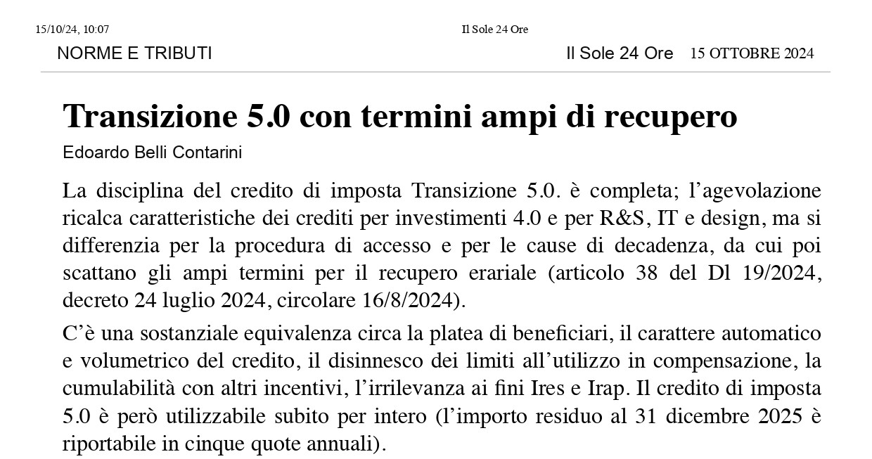 L'articolo di Edoardo Belli Contarini per Norme e Tributi