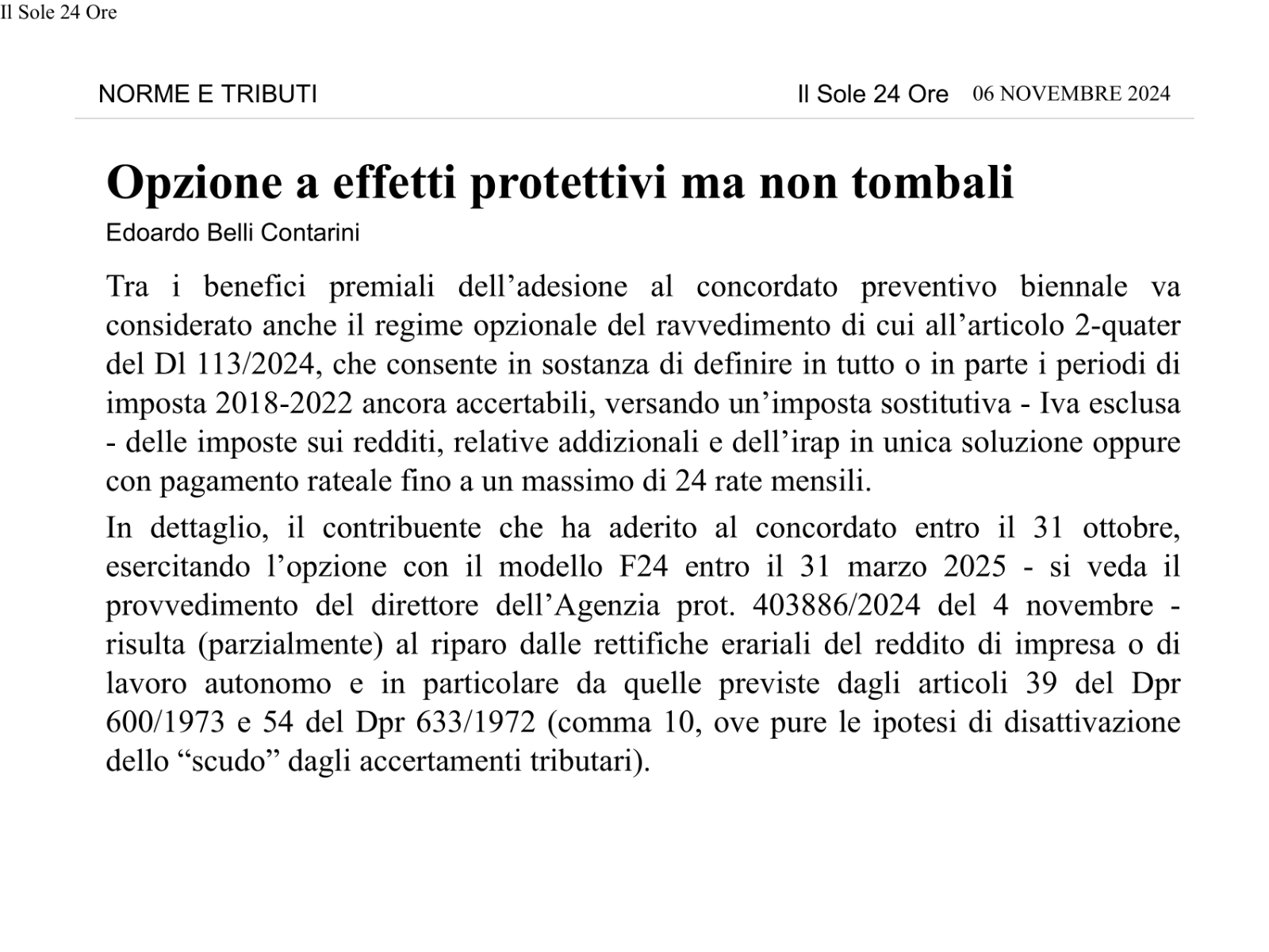 Il sole 24 ore - norme & tributi- edoardoo belli contarini